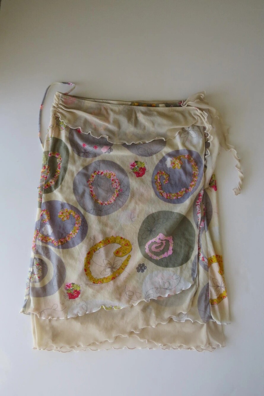 Vintage Italian Vintage Cream Mesh Wrap Skirt, 2000s Nuvole Italy Floral Print,